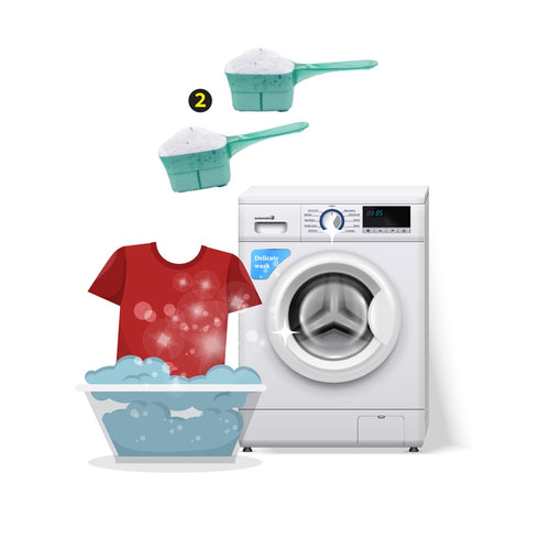 Take 1-2 scoops of Shri Chyawan Detergent Powder for 12-15 clothes in half bucket water.